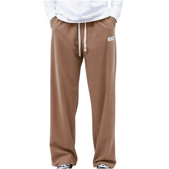 ADSSDQ Mens Corduroy Straight Leg Pants Long Solid Drawstring Elastic Waist Casual Baggy Pants Loose Fit Going Out Pants with Pockets Khaki L