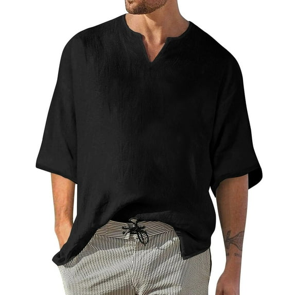ADSSDQ Mens Cotton Linen Fringe Shirts Summer Casual Hippie Baggy 3/4 Sleeve Big and Tall Pullover Hip Hop Beach Yoga Tops Black 6XL