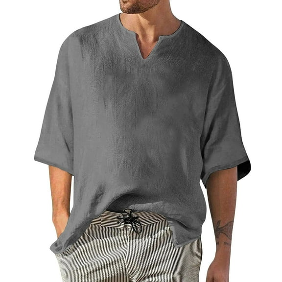 ADSSDQ Mens Cotton Linen Fringe Shirts Summer Casual Hippie Baggy 3/4 Sleeve Big and Tall Pullover Hip Hop Beach Yoga Tops Gray 2XL