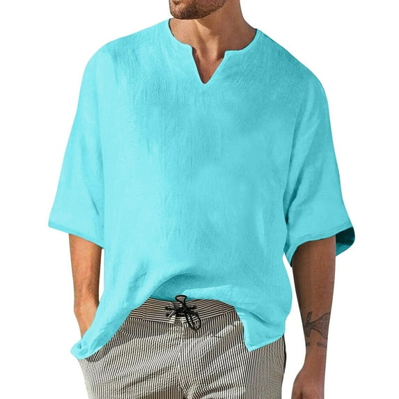 ADSSDQ Mens Cotton Linen Fringe Shirts Summer Casual Hippie Baggy 3/4 Sleeve Big and Tall Pullover Hip Hop Beach Yoga Tops Light Blue L