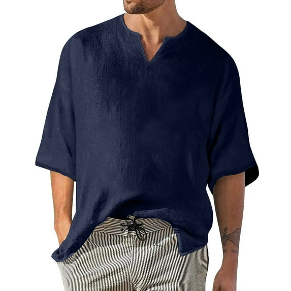 ADSSDQ Mens Cotton Linen Fringe Shirts Summer Casual Hippie Baggy 3/4 Sleeve Big and Tall Pullover Hip Hop Beach Yoga Tops Navy L