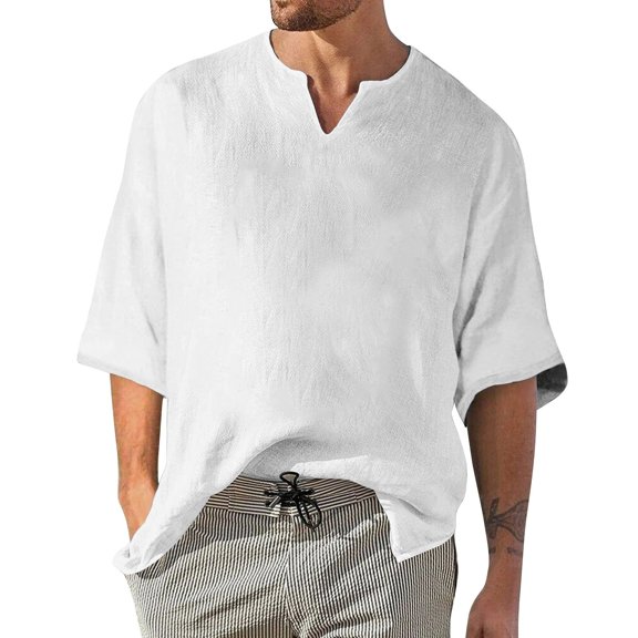 ADSSDQ Mens Cotton Linen Fringe Shirts Summer Casual Hippie Baggy 3/4 Sleeve Big and Tall Pullover Hip Hop Beach Yoga Tops White L