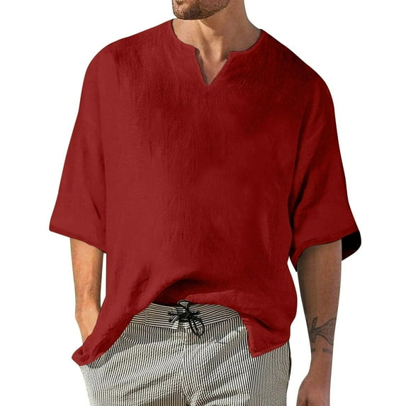 ADSSDQ Mens Cotton Linen Fringe Shirts Summer Casual Hippie Baggy 3/4 Sleeve Big and Tall Pullover Hip Hop Beach Yoga Tops Wine 3XL