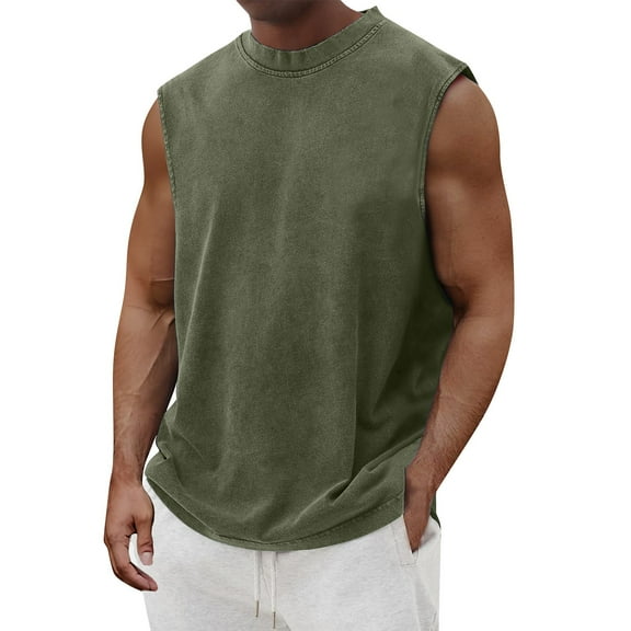 ADSSDQ Mens Cotton Sleeveless Tank Tops Cut Off Muscle Gym T Shirts Running Beach Loose Fit Tees Basic Workout Tops Army Green M