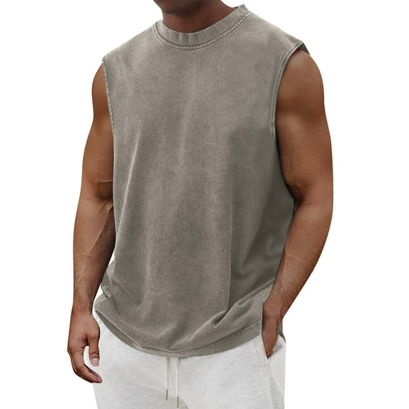 ADSSDQ Mens Cotton Sleeveless Tank Tops Cut Off Muscle Gym T Shirts Running Beach Loose Fit Tees Basic Workout Tops Khaki S