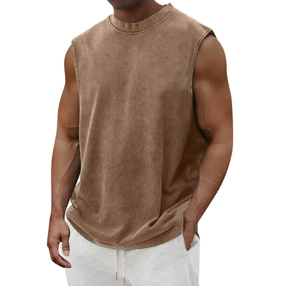 ADSSDQ Mens Cotton Sleeveless Tank Tops Cut Off Muscle Gym T Shirts Running Beach Loose Fit Tees Basic Workout Tops Light Brown S