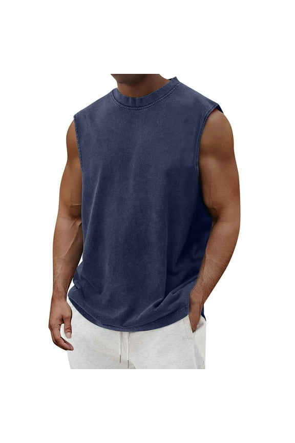 Mens Cotton Sleeveless Tank Tops Cut Off Muscle Gym T Shirts Running Beach Loose Fit Tees Basic Workout Tops Navy M