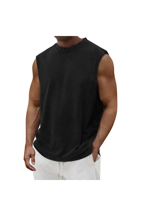 Mens Cotton Sleeveless Tank Tops Cut Off Muscle Gym T Shirts Running Beach Loose Fit Tees Black 2XL