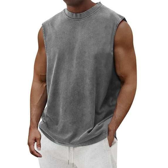 ADSSDQ Mens Cotton Sleeveless Tank Tops Cut Off Muscle Gym T Shirts Running Beach Loose Fit Tees Gray L