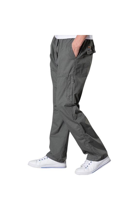 Mens Lightweight Pull On Zip Fly Drawstring Cargo Pants Elastic Waist Relaxed Fit 6 Pockets Army Green L