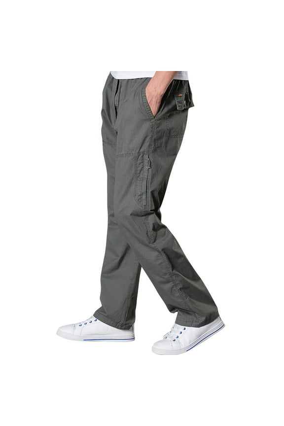 Mens Lightweight Pull On Zip Fly Drawstring Cargo Pants Elastic Waist Relaxed Fit 6 Pockets Army Green XL