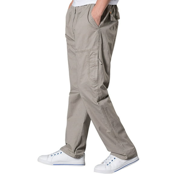 ADSSDQ Mens Lightweight Pull On Zip Fly Drawstring Cargo Pants Elastic Waist Relaxed Fit 6 Pockets Beige L