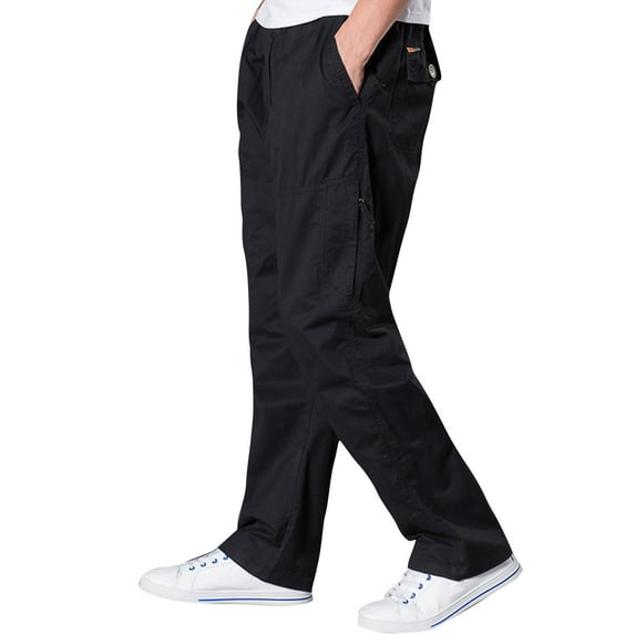 ADSSDQ Mens Lightweight Pull On Zip Fly Drawstring Cargo Pants Elastic Waist Relaxed Fit 6 Pockets Black 2XL