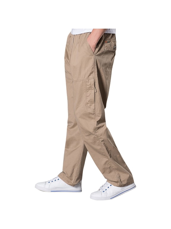 Mens Lightweight Pull On Zip Fly Drawstring Cargo Pants Elastic Waist Relaxed Fit 6 Pockets Khaki 3XL