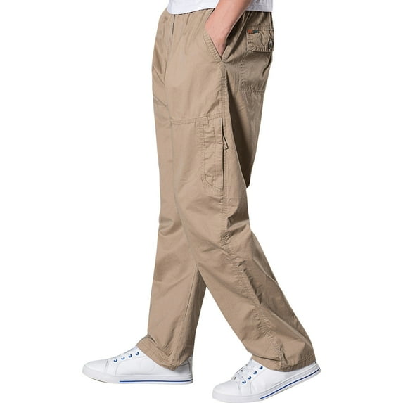 ADSSDQ Mens Lightweight Pull On Zip Fly Drawstring Cargo Pants Elastic Waist Relaxed Fit 6 Pockets Khaki L