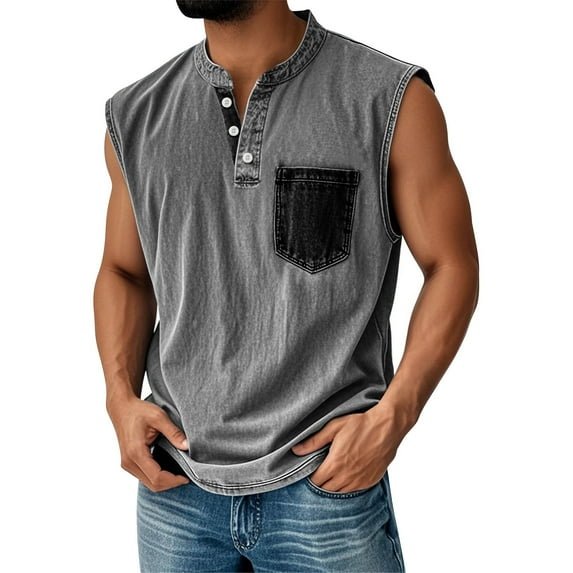 ADSSDQ Mens Sleeveless Henley Shirts Summer Muscle Gym Workout Running Vintage Button Down Tank Tops with Chest Pocket Dark Gray L