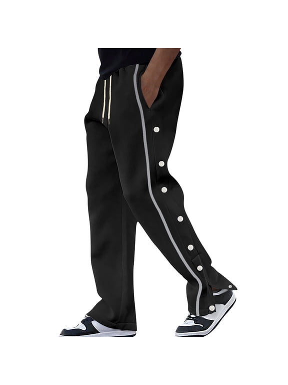 Mens Tear Away Basketball Pants High Split Snap Button Post-Surgery Sweatpants Open Bottom Breakaway Sweat Pants Black L
