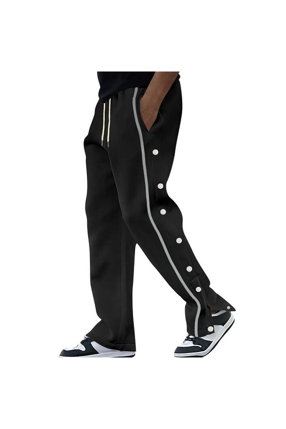 Mens Tear Away Basketball Pants High Split Snap Button Post-Surgery Sweatpants Open Bottom Breakaway Sweat Pants Black L