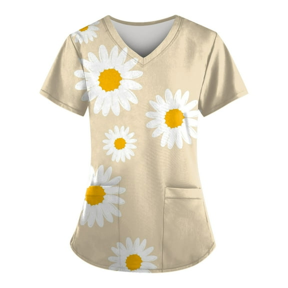 ADSSDQ Nursing Tops Maternity Scrubs Under Scrubs Workwear Women Cheap Scrubs Short Sleeve V Neck Plus Size Scrub Top Nursing Scrubs for Women w/Pockets Beige 4XL