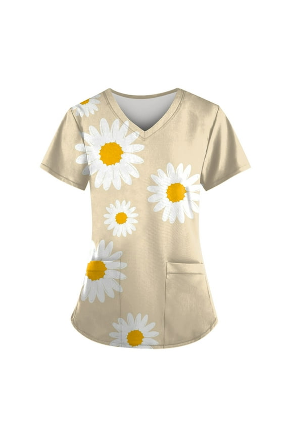 Nursing Tops Maternity Scrubs Under Scrubs Workwear Women Cheap Scrubs Short Sleeve V Neck Plus Size Scrub Top Nursing Scrubs for Women w/Pockets Beige 4XL