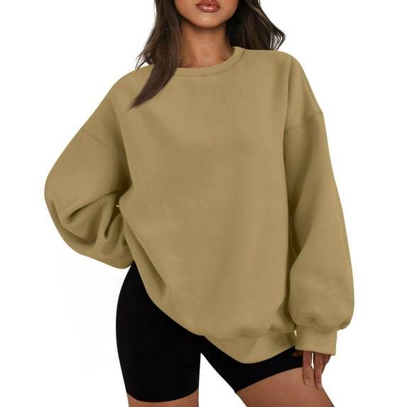 ADSSDQ Oversized Sweatshirt for Women Crew Neck Solid Comfy Casual Long Sleeve Pullover Tops Trendy Clothes Camel M