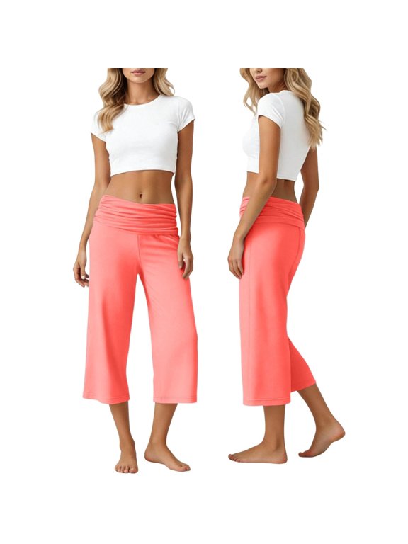 Pants for Women Low Rise Fold Over Capris Wide Leg Cropped Capri Yoga Pants Y2K Lounge Palazzo Gauchos Pant Watermelon Red M
