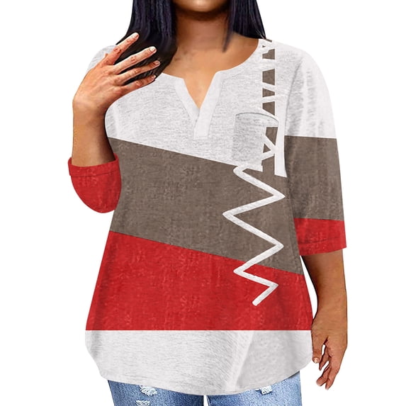 ADSSDQ Plus Size 3/4 Sleeve Tops With Pocket Lightweight Clock Block Work Shirts V Neck Dressy Blouses For Women Elbow Length Graphic Tees Fall Womens Summer Clothes White 5XL