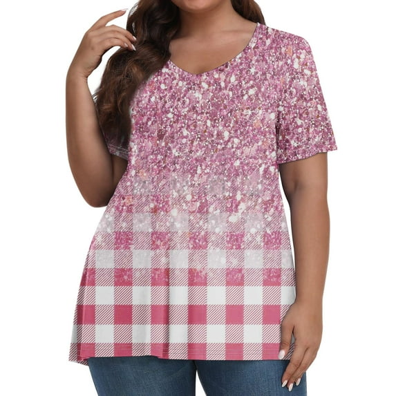ADSSDQ Plus Size Blouses Dressy Tops For Women Summer Shirts Clock Block Plaid V Neck T Shirts Short Sleeve Girls Clothes Athletic Womens Fall Fashion 2024 Pink 2XL