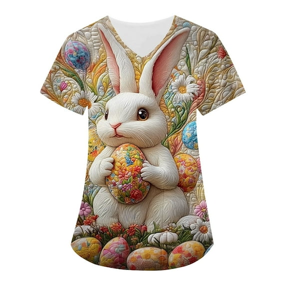 ADSSDQ Easter Scrub Tops Women Stretchy Vneck Short Sleeve Bunny Eggs Print Nurse Working Uniforms with 2 Pockets Army Green 4XL