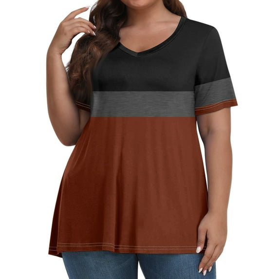 ADSSDQ Plus Size Summer Clothes Short Sleeve Womens Casual Tops V Neck Work Shirts For Women Loose Casual Blouses Western Tee Shirt Fall Fashion 2024 Coffee 2XL