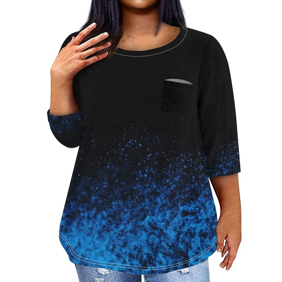 ADSSDQ Plus Size Tunics For Women With Pocket 3/4 Sleeves Tie Dye Graphic Crew Neck Tshirts Shirts Summer Elbow Length Half Sleeve Going Out Top Cute Y2K Fall Girls Clothes Sky Blue 5XL