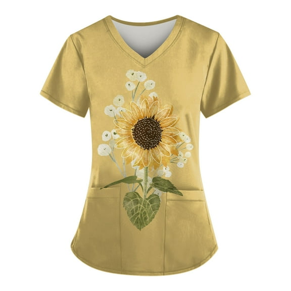ADSSDQ Scrub Top for Women, Plus Size V-Neck Scrubs, Relaxed Fitted Soft Women's Scrub Tops Sunflower Print Nursing Uniform with Pockets Earthy Yellow 2XL