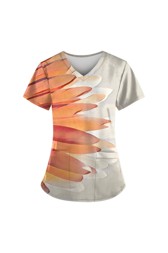 Scrub Top for Women, Plus Size V-Neck Scrubs, Relaxed Fitted Soft Women's Scrub Tops Sunflower Print Nursing Uniform with Pockets Saffron 4XL