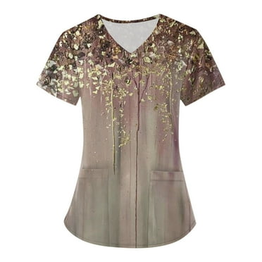 ADSSDQ Scrub Tops Plus Size Scrubs for Women Printed Summer Tops for Women 2024 Stretchy Nursing Scrubs Shirts with Pockets Rose Gold XL