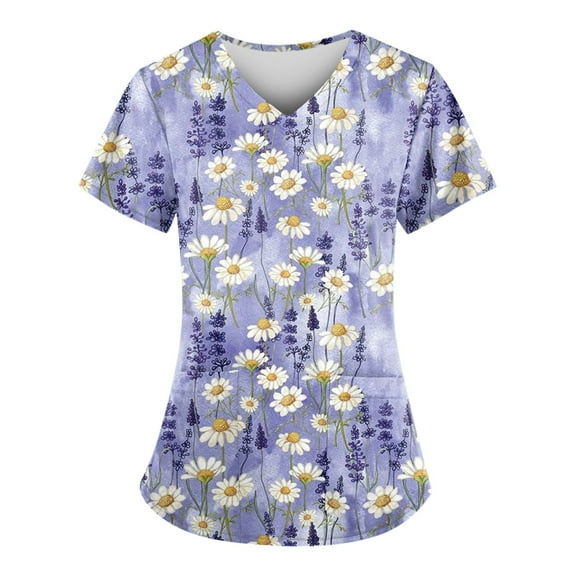 ADSSDQ Scrub Tops Women Daisy Printed Working Uniform T-Shirt Summer V Neck Short Sleeve Scrubs Nurse Uniforms Tunic Blouse with Pockets Dark Blue M