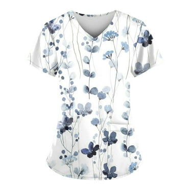 ADSSDQ Scrub Tops Women Floral Print Scrub Tops Plus Size Stretch Nursing Tops Soft Nurse Uniform Overalls with Pockets Blue 2XL