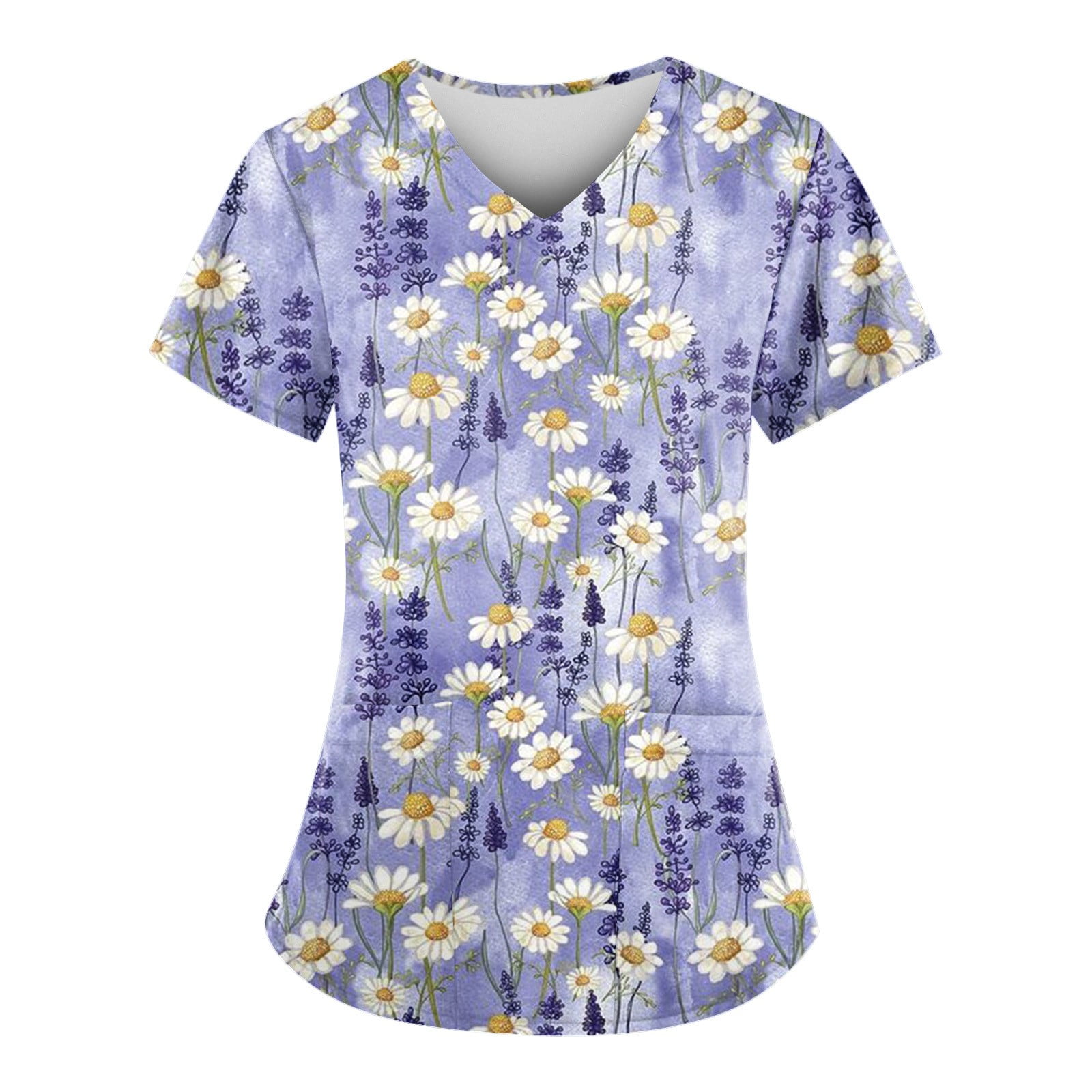 ADSSDQ Scrub Tops Women Floral Print Scrub Tops Plus Size Stretch Nursing Tops Soft Nurse Uniform Overalls with Pockets Dark Blue 3XL