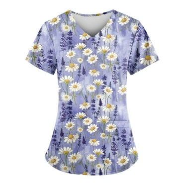 ADSSDQ Scrub Tops Women Floral Print Scrub Tops Plus Size Stretch Nursing Tops Soft Nurse Uniform Overalls with Pockets Dark Blue 4XL