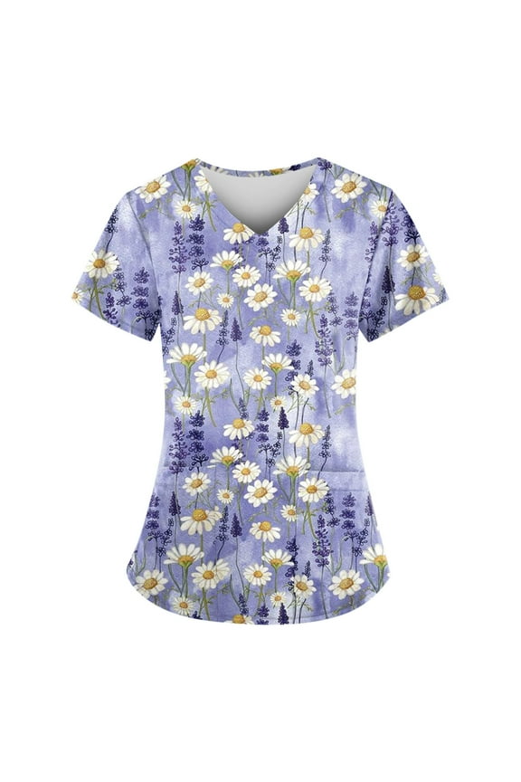 Scrub Tops Women Floral Print Scrub Tops Plus Size Stretch Nursing Tops Soft Nurse Uniform Overalls with Pockets Dark Blue XL