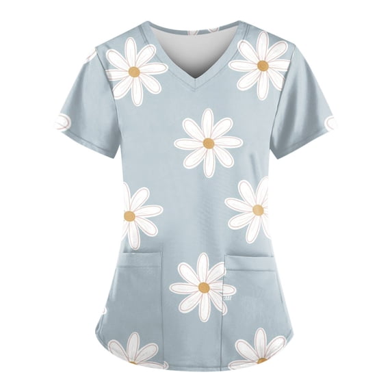 ADSSDQ Womens Scrub Tops Daisy Printed Work Uniform T-Shirt V Neck Short Sleeve Nurse Scrubs Tunic Blouse with Pockets Gray 2XL