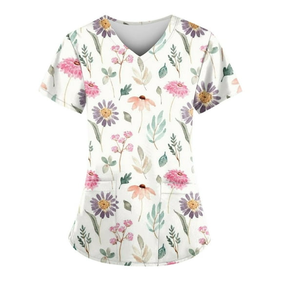 ADSSDQ Scrub Tops Women Floral Print Scrub Tops Plus Size Stretch Nursing Tops Soft Nurse Uniform Overalls with Pockets Pink XL