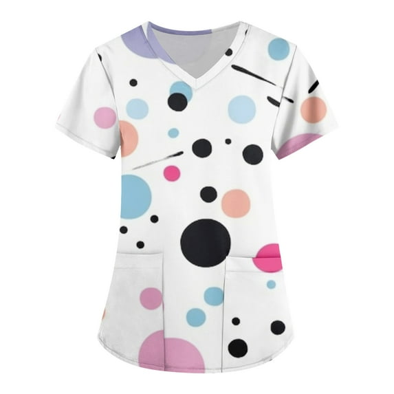 ADSSDQ Scrub Tops Women Print Breathable Short Sleeve V-Neck Plus Size Shirts Tee Tops with Pockets Nurse Working Uniform Black L