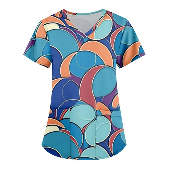 ADSSDQ Scrub Tops Women Print Breathable Short Sleeve V-Neck Plus Size Shirts Tee Tops with Pockets Nurse Working Uniform Blue 2XL