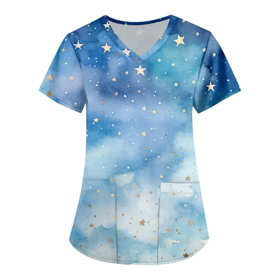 ADSSDQ Fun Scrub Tops Women Color Dots Printed Srcubs Tops Stretch Plus Size Short Sleeve V-Neck Working Nurse Uniform with Pockets Blue L