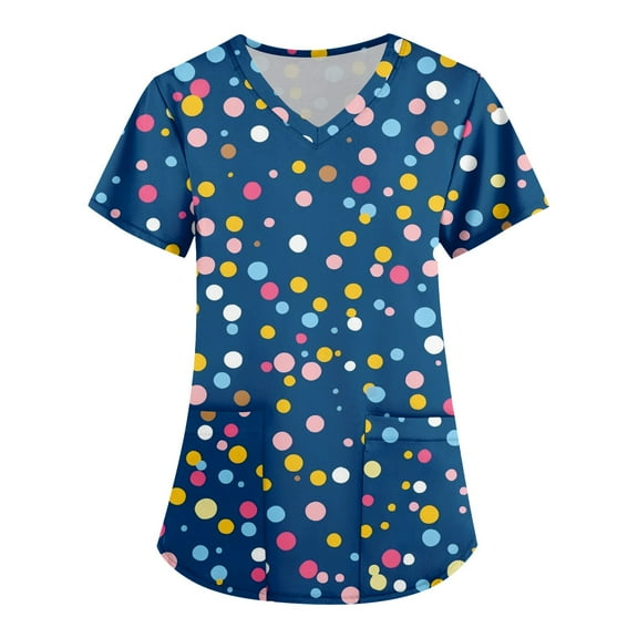 ADSSDQ Fun Scrub Tops Women Color Dots Printed Srcubs Tops Stretch Plus Size Short Sleeve V-Neck Working Nurse Uniform with Pockets Dark Blue 2XL