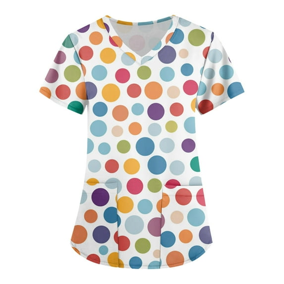 ADSSDQ Scrub Tops Women Print Breathable Short Sleeve V-Neck Plus Size Shirts Tee Tops with Pockets Nurse Working Uniform Multicolor 5XL