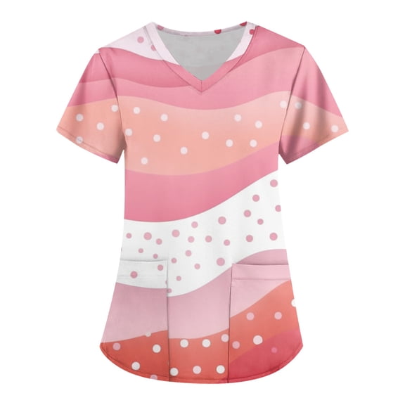 ADSSDQ Fun Scrub Tops Women Color Dots Printed Srcubs Tops Stretch Plus Size Short Sleeve V-Neck Working Nurse Uniform with Pockets Pink M