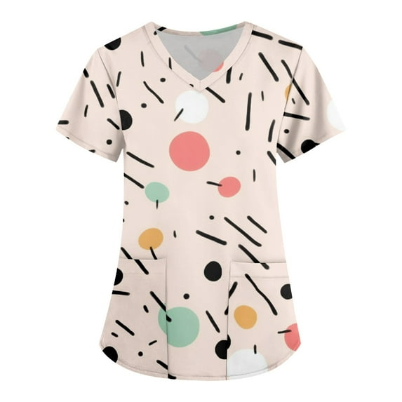 ADSSDQ Scrub Tops Women Printed Scrub Tops Fun Nurse Uniform Casual Holiday Scrub Tops Color Dots Print Nursing Tunic Tops Plus Size Scrub Tops w/Pockets Beige 4XL