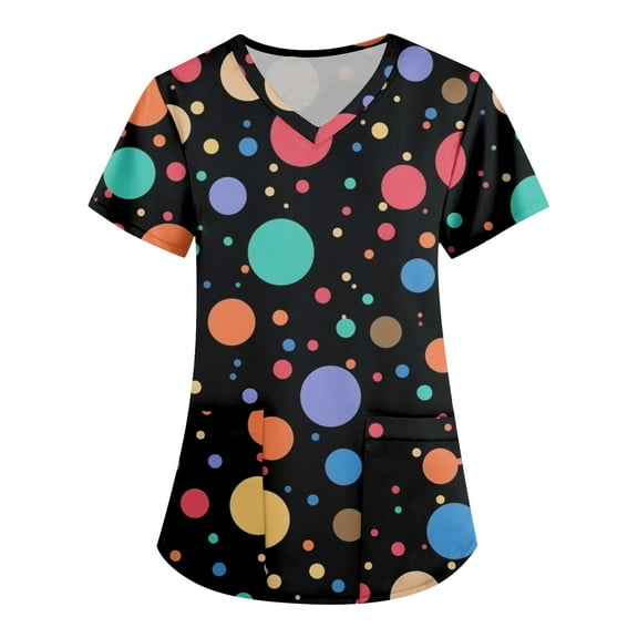 ADSSDQ Scrub Tops Women Printed Scrub Tops Fun Nurse Uniform Casual Holiday Scrub Tops Color Dots Print Nursing Tunic Tops Plus Size Scrub Tops w/Pockets Purple M