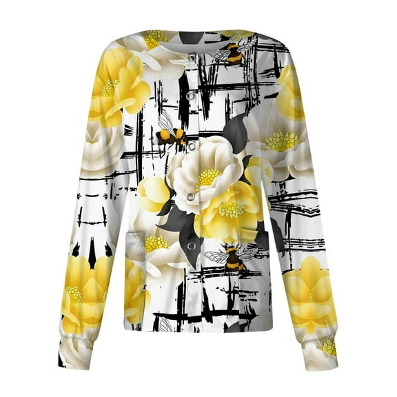 ADSSDQ Scrub Tops Women Snap Front Long Sleeve Cardigan Jackets Stretch Nursing Scrubs for Women Floral Print Pocketed Working Uniform